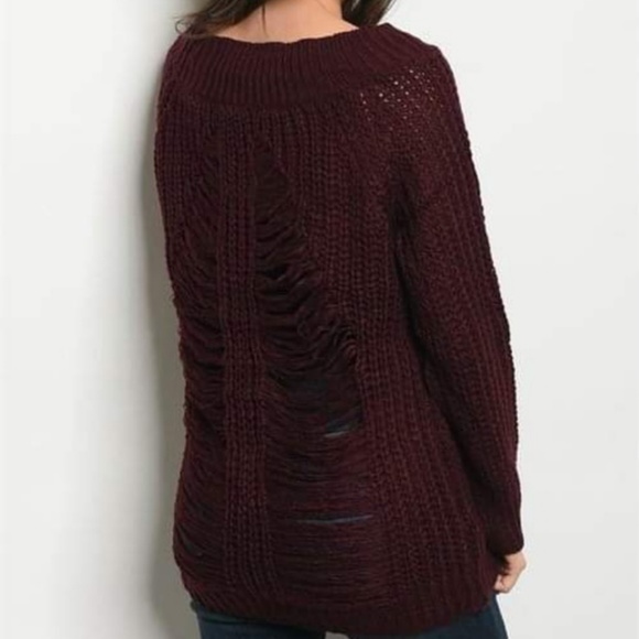 Slashed Distressed Back Knit Sweater (MERLOT) - Picture 3 of 4